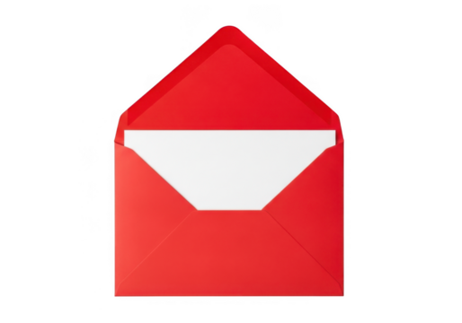 An open red envelope with a white blank card inside, isolated on a transparent background