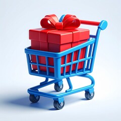 Blue Shopping Cart with Red Gift Box and Ribbon, Festive Holiday Shopping Concept
