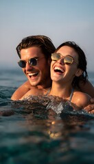 Fototapeta premium Joyful couple laughs embracing summer freedom on a sunlit ocean escape full of vibrant travel bliss