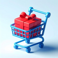 Blue Shopping Cart with Red Gift Box and Bow, 3D Render