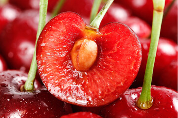 Fresh American Cherries from Yantai Shandong China - Ripe Red Stone Fruit with Water Drops Close-up Macro Photography