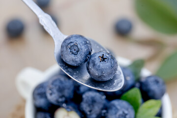 Fresh Blueberries on Spoon with Water Drops - Healthy Superfruit Snack