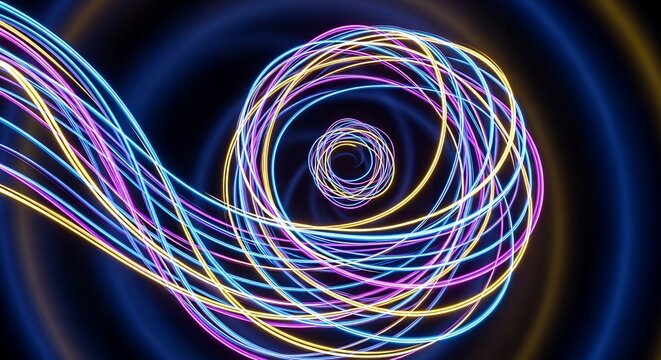 Abstract colorful light trails swirling in a dark space