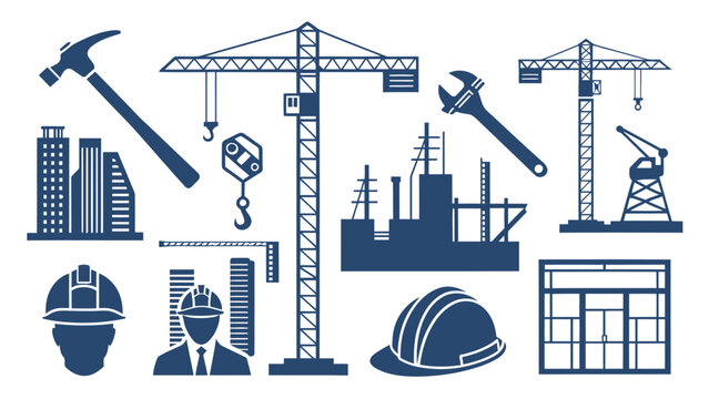 Dynamic construction silhouette collection featuring cranes, hard hats, buildings, and tools for urban development projects