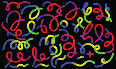 Vibrant abstract background with colorful squiggly lines on black. Modern geometric art design in red, yellow, green, and blue tones. Perfect for digital art, posters, wallpapers, and web design.