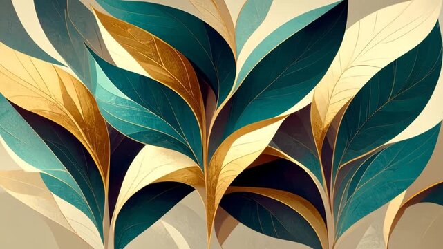 Abstract art featuring layered leaves in teal, gold, and cream with subtle veining details