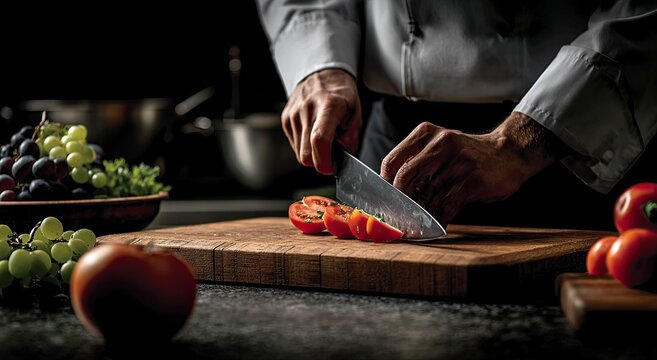 Chef slicing tomatoes on a wooden board (2)