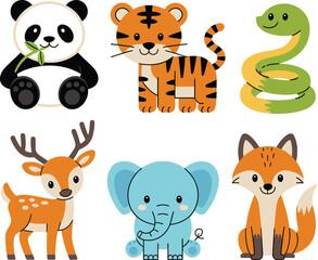 Cute cartoon panda tiger snake deer elephant fox animal characters, vector illustration for children, wildlife education, playful zoo animal design