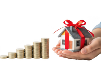 A hand holding a miniature house adorned with a red ribbon and bow, next to a rising stack of gold coins, symbolizing real estate investment and financial growth isolated on transparent background