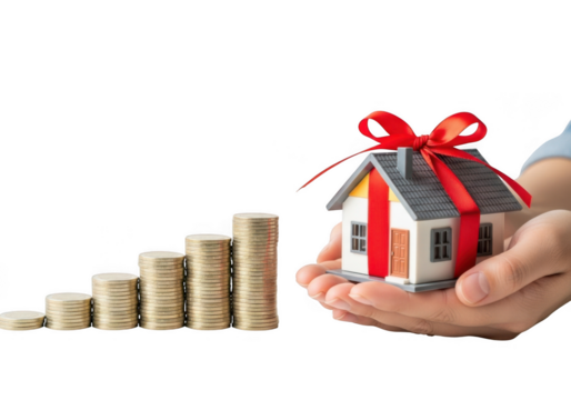 A hand holding a miniature house adorned with a red ribbon and bow, next to a rising stack of gold coins, symbolizing real estate investment and financial growth isolated on transparent background