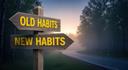 Wooden signpost with Old Habits and New Habits arrows in a misty forest at sunrise, pointing to a winding road