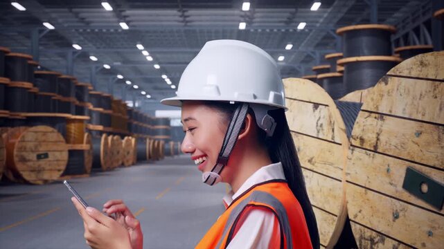 Side View of Asian Female Engineer Use Smartphone While Walking In Cable Coils Warehouse