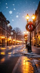 Fototapeta premium Snowy Christmas street scene with decorated lamp post. Festive winter holiday cityscape background for seasonal advertisement and greeting card.
