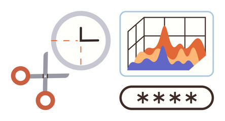Scissors cutting time, data chart with peaks and troughs, and password field. Ideal for productivity, security, data analysis, strategy planning, time saving efficiency abstract metaphor. Simple