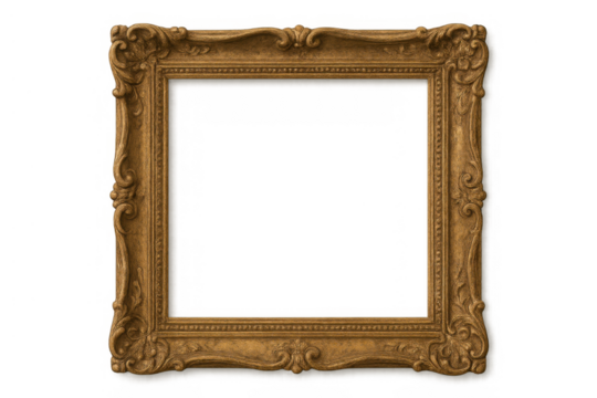 Ornate gold picture frame with baroque rococo style detailing, vintage antique empty border on transparent background