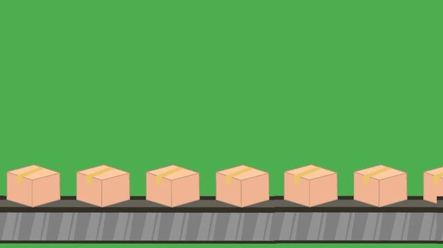 Cardboard boxes animation on conveyor belt with green screen background. Industrial production concept. Seamless motion.