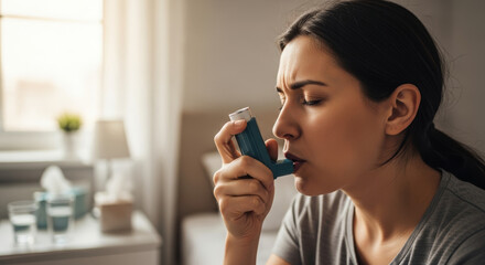 Woman using inhaler for bronchitis relief, respiratory care at home for better health. Bronchitis often requires immediate action, so this image captures a woman using her inhaler,