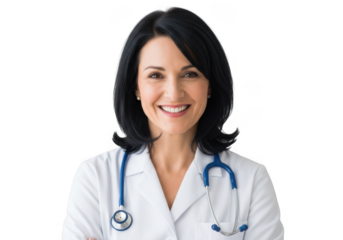 Smiling female doctor wearing a stethoscope and white coat isolated on transparent background