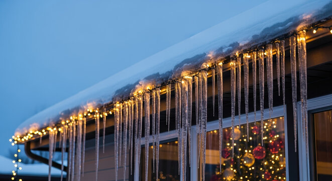 Christmas icicles hang from snowy roof, sparkling with fairy lights, creating festive winter scene. Christmas decorations reflect in window, enhancing holiday atmosphere with icicles.