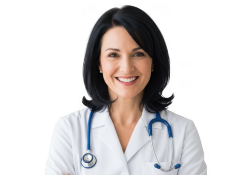 Smiling female doctor wearing a stethoscope and white coat isolated on transparent background