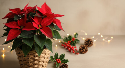Christmas with festive poinsettia arrangement, showcasing traditional holiday decor and warm ambiance. Christmas setup includes poinsettia flower arrangement, pine cones and holly berries,