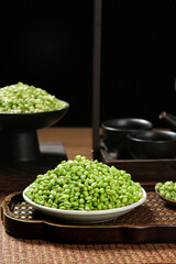 Fresh Green Mung Beans in Ceramic Plates on Wooden Tray - Healthy Legumes and Grains