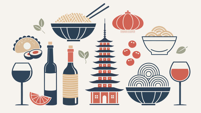 Vibrant culinary and travel silhouette collection showcasing Asian pagoda, food, and wine essentials