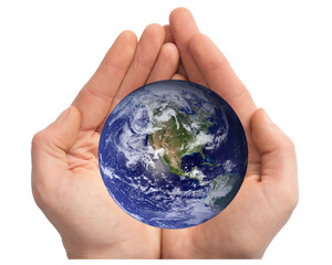 Hands holding Earth globe isolated on white background, clipping path included
