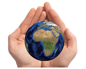 Hands holding Earth globe isolated on white background, clipping path included
