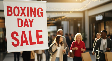 Fototapeta premium Captivating Boxing Day sale sign displayed in busy shopping center. Boxing Day signals start of holiday sales, inviting customers inside stores.
