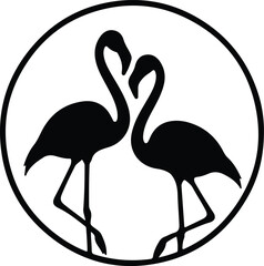 Illustration Two flamingos forming heart in circular frame silhouette vector