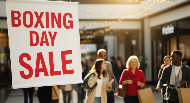 Captivating Boxing Day sale sign displayed in busy shopping center. Boxing Day signals start of holiday sales, inviting customers inside stores. - Powered by Adobe