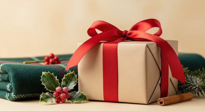 Beautiful Boxing Day present wrapped in neutral paper with satin bow and holiday decorations. Boxing Day shopping concept represented in this gift is perfect for post Christmas celebrations,