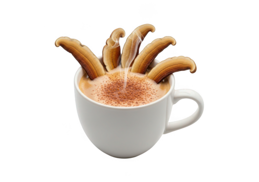 Steaming mushroom coffee in white mug, a healthy alternative beverage