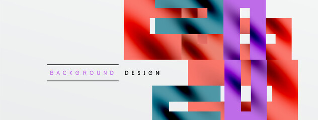 Abstract geometric shapes overlap, creating vibrant color blocks. Minimalist text labels design elements. Clean white space provides contrast.