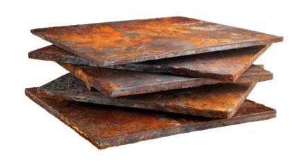 Stack of weathered textured metal plates with a rustic patina and warm orange brown tones