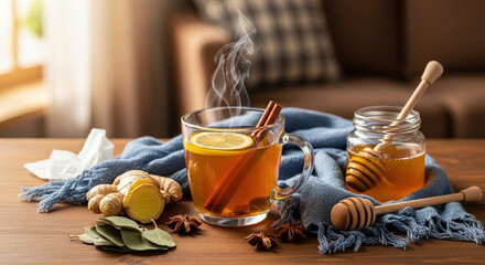 Hot drink for bronchitis with fresh ginger, lemon, and honey on wooden table in sunlight. Bronchitis treatment includes natural remedy like warm beverage with steam, spice, and citrus,