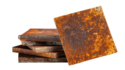 Stack of rustic weathered metal plates with textured rusty surfaces against a dark background