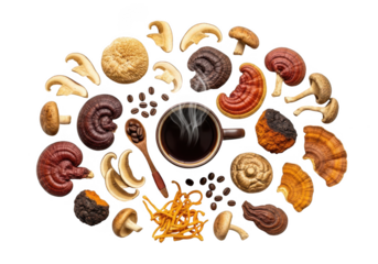 Healthy mushroom coffee cup with reishi, cordyceps for wellness lifestyle