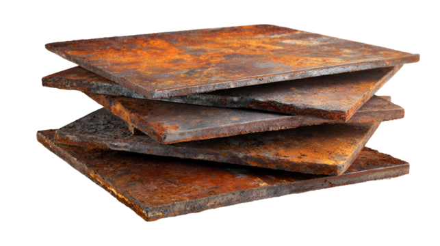 Stack of weathered textured metal plates with a rustic patina and warm orange brown tones