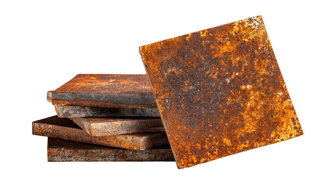 Stack of rustic weathered metal plates with textured rusty surfaces against a dark background