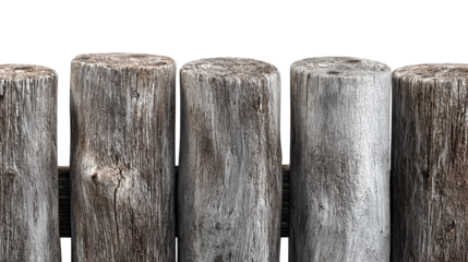 Close up of weathered wooden fence posts with rough texture against a black background