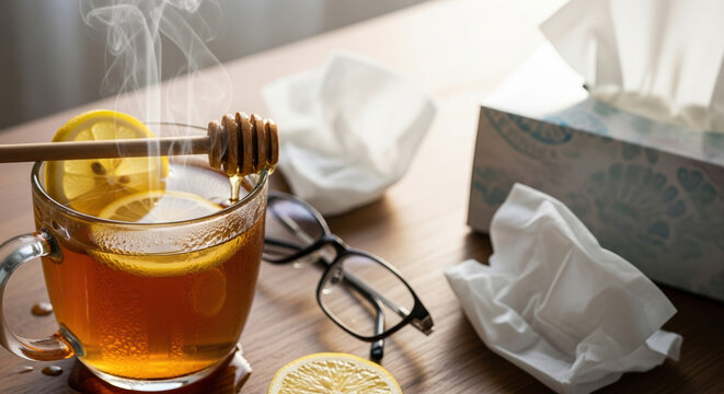 Soothing remedy for bronchitis on wooden surface with lemon slices, honey stick, and tissues. Concept treatment for bronchitis includes warm drink to alleviate symptoms and provides comfort.