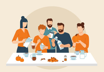 A flat minimalist vector illustration of friends making pumpkin spice lattes together, autumn culinary theme.