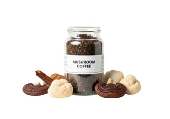 Trendy mushroom coffee in a jar with reishi and lion's mane for wellness