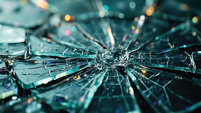 Detailed macro view of broken cracked glass with bokeh and light refraction