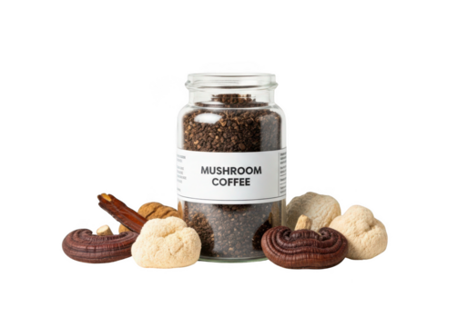 Trendy mushroom coffee in a jar with reishi and lion's mane for wellness