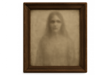 Ghostly old portrait of a blurred woman in a vintage wooden frame, spooky halloween mystery concept on transparent background