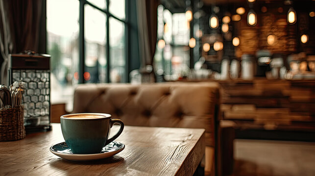 Stunning coffee shop view with cozy shelf and table concept. A cozy coffee cup on a wooden table in a stylish cafe. - Powered by Adobe