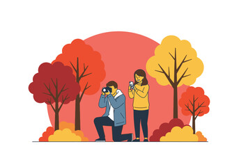 A flat minimalist vector illustration of a couple taking photos among colorful fall trees, autumn photography theme.